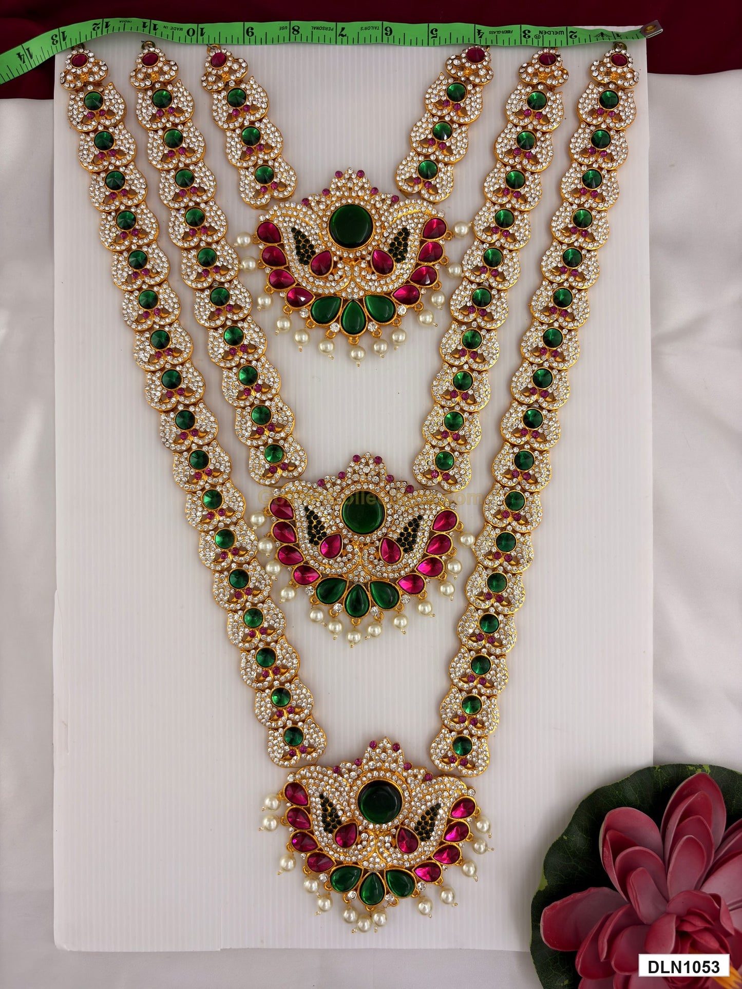 Width measurement photo showing 12 Inches deity long haram with measuring tape for idol alankaram