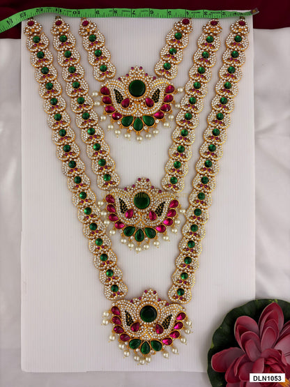 Width measurement photo showing 12 Inches deity long haram with measuring tape for idol alankaram