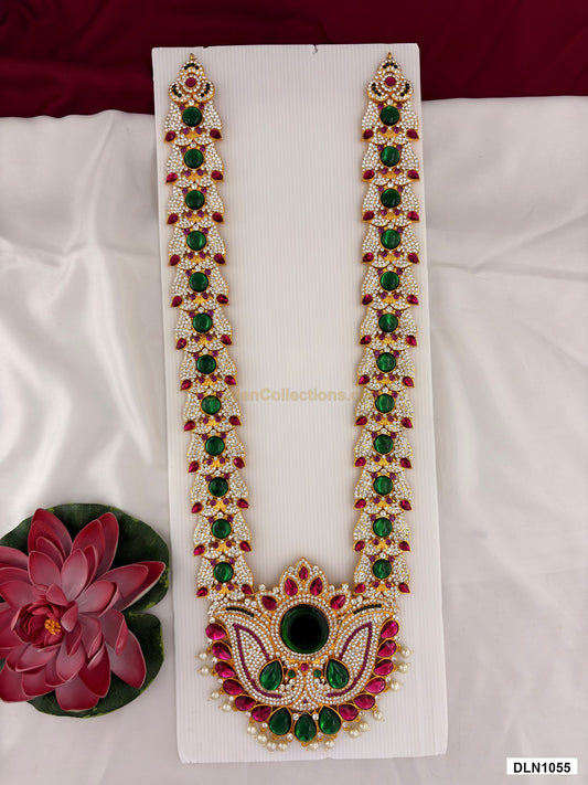 1 step deity long haram DLN1055 full product view with green, pink and gold stone work and gold plating for idol alankaram