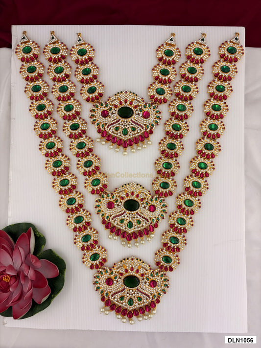 3 step deity long haram DLN1056 full product view with green, pink and gold stone work and gold plating for idol alankaram