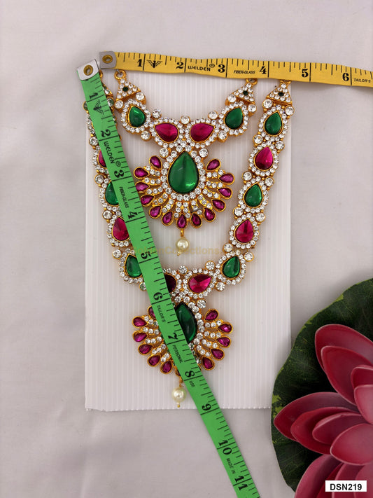 Measurement photo showing 8 x 5 Inches deity short haram with measuring tape for idol alankaram