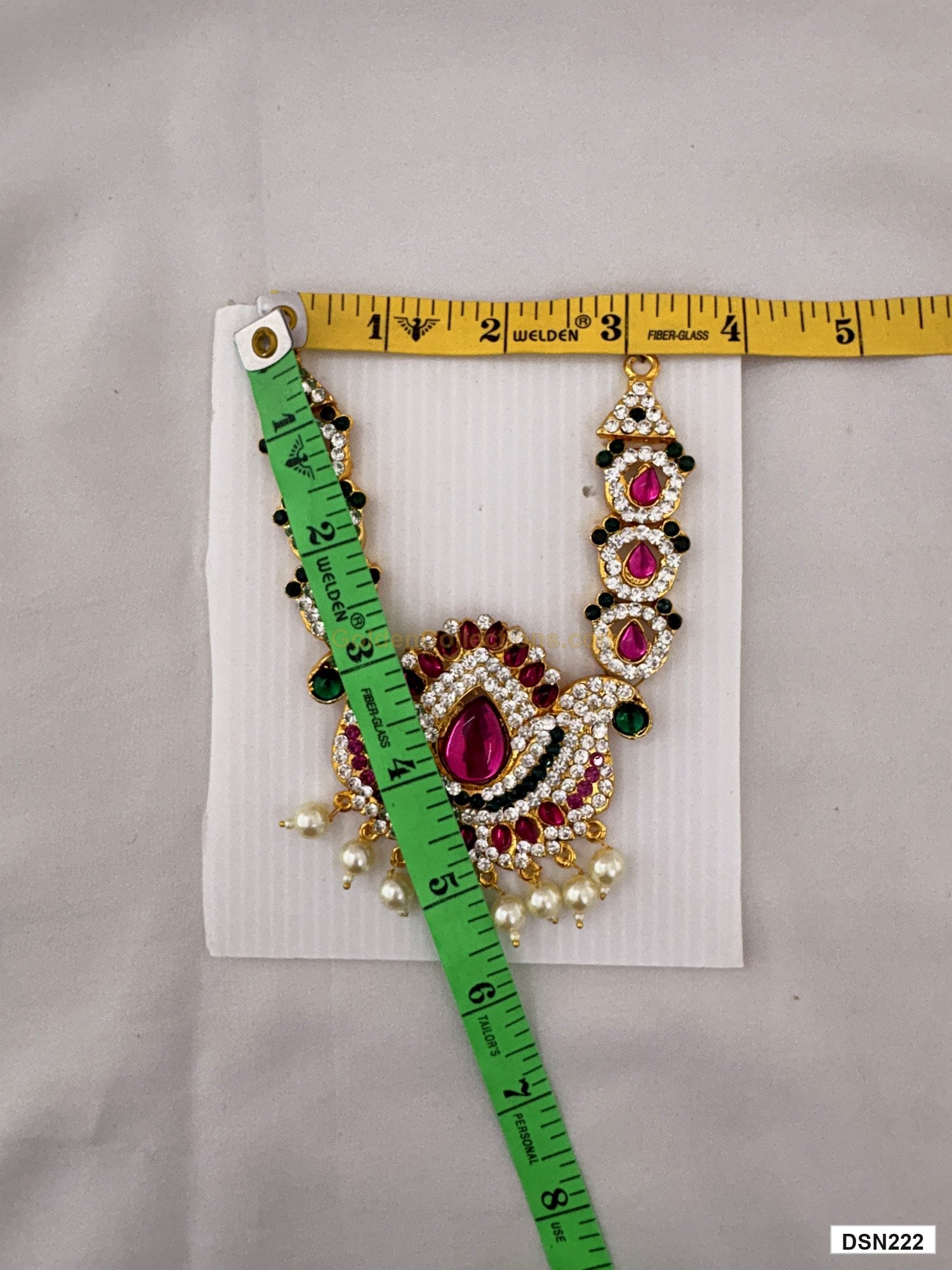 Measurement photo showing 5 x 3 Inches deity short haram with measuring tape for idol alankaram