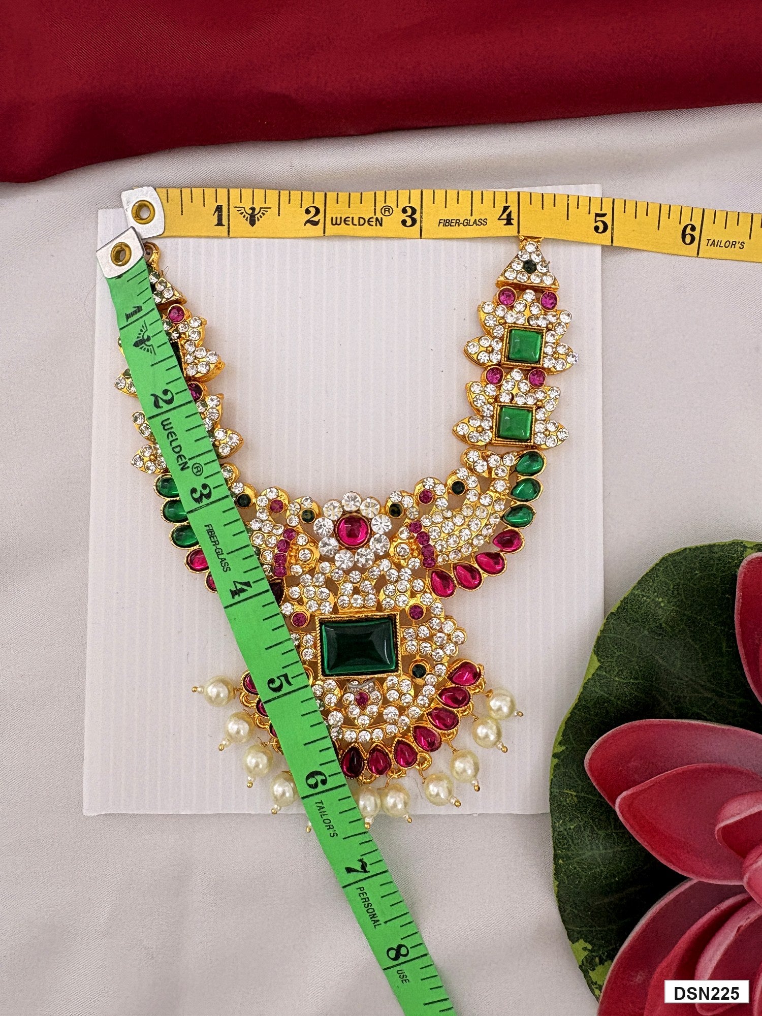 Measurement photo showing 6 x 4 Inches deity short haram with measuring tape for idol alankaram