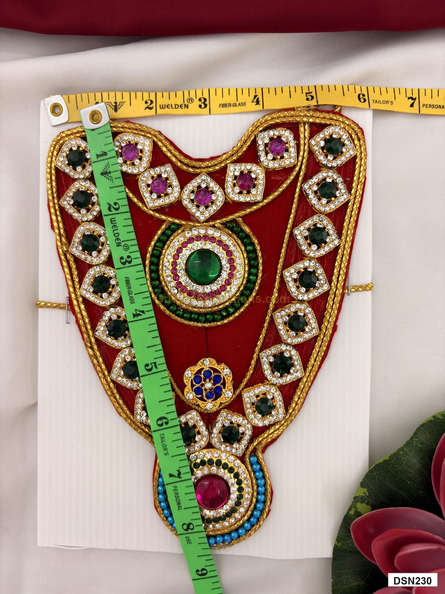 Measurement photo showing 8 x 6 Inches deity short haram with measuring tape for idol alankaram