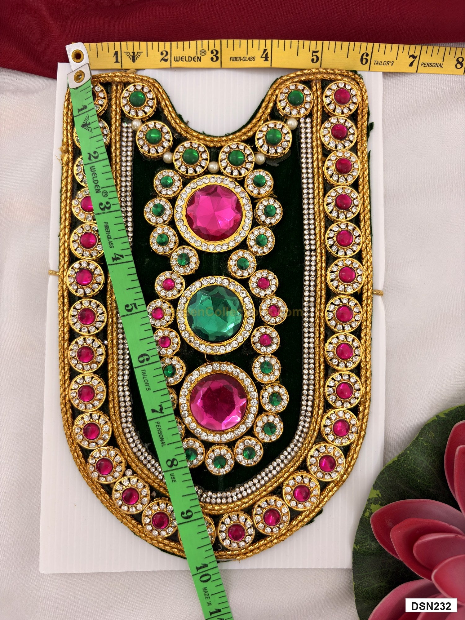 Measurement photo showing 10 x 6 Inches deity short haram with measuring tape for idol alankaram