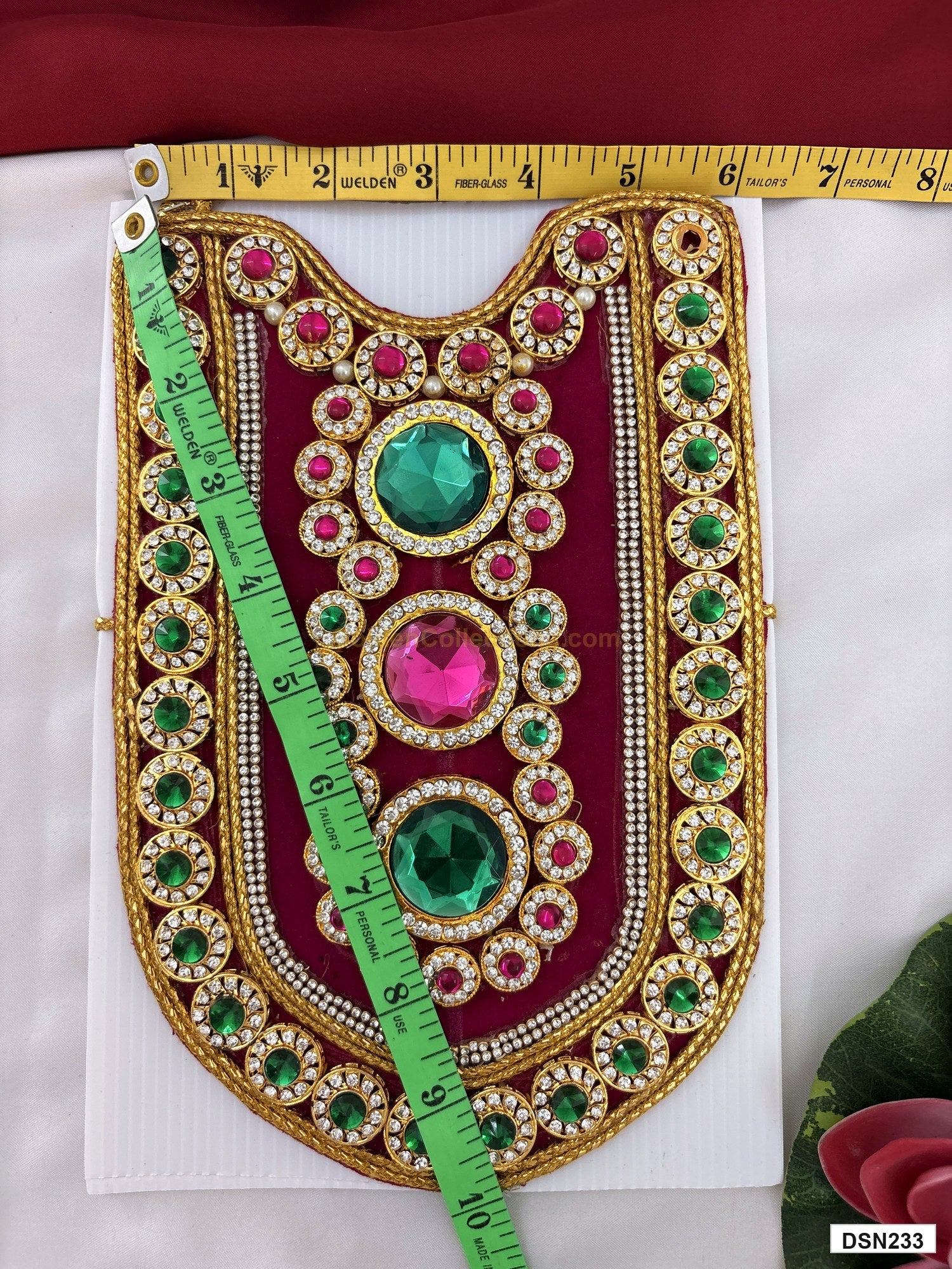Measurement photo showing 10 x 6 Inches deity short haram with measuring tape for idol alankaram
