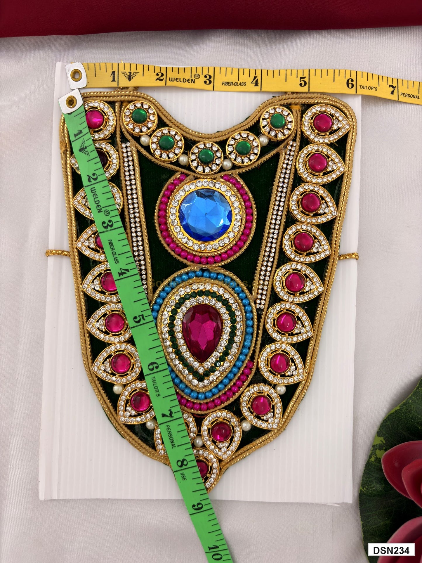 Measurement photo showing 9 x 6 Inches deity short haram with measuring tape for idol alankaram