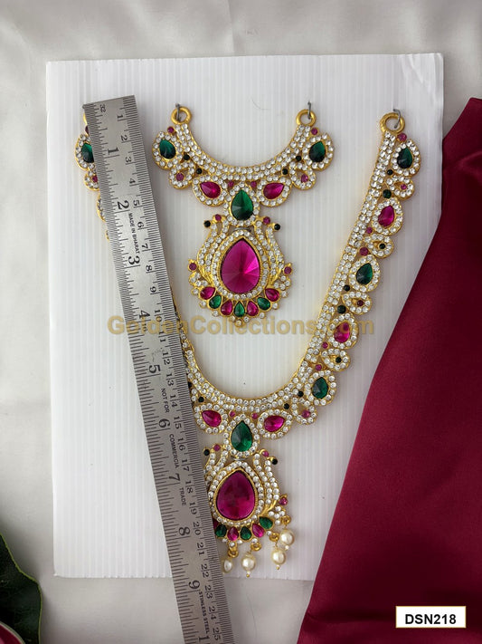 Deity Short Haram / Short Necklace with Pink Green Stones DSN218 deity short haram measurement photo showing ruler size reference