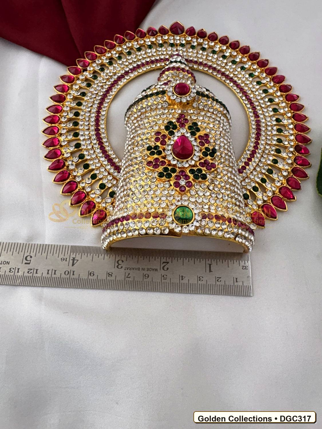 Close-up detail of Deity Full Round Stone Crown Mukut with Pink Green Stones 7 x 5 x 3 inches DGC317 from Golden Collections