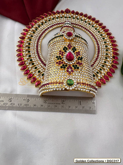 Close-up detail of Deity Full Round Stone Crown Mukut with Pink Green Stones 7 x 5 x 3 inches DGC317 from Golden Collections