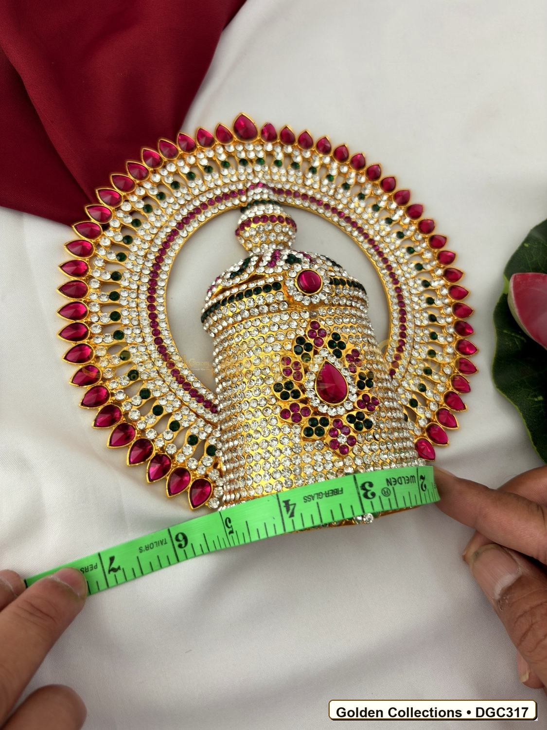 Close-up detail of Deity Full Round Stone Crown Mukut with Pink Green Stones 7 x 5 x 3 inches DGC317 from Golden Collections