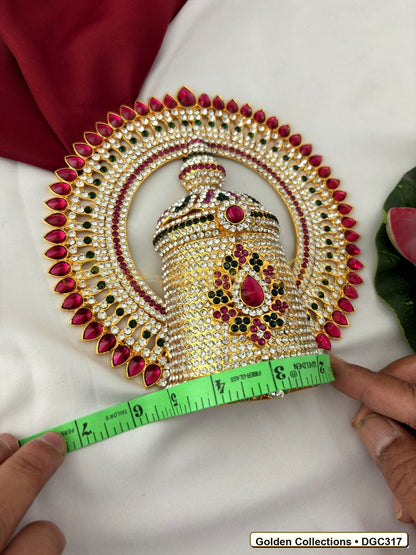 Close-up detail of Deity Full Round Stone Crown Mukut with Pink Green Stones 7 x 5 x 3 inches DGC317 from Golden Collections