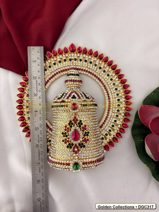 Close-up detail of Deity Full Round Stone Crown Mukut with Pink Green Stones 7 x 5 x 3 inches DGC317 from Golden Collections