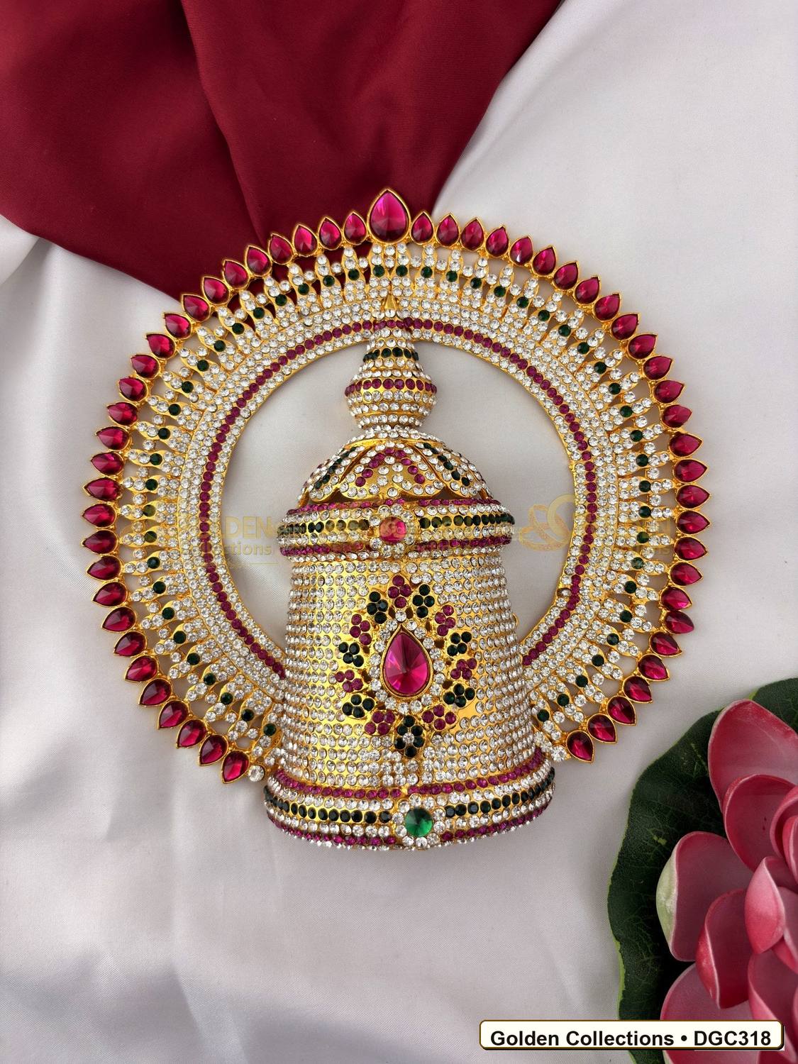 Close-up detail of Deity Full Round Stone Crown Mukut with Pink Green Stones 8.5 x 6 x 3.5 inches DGC318 from Golden Collections