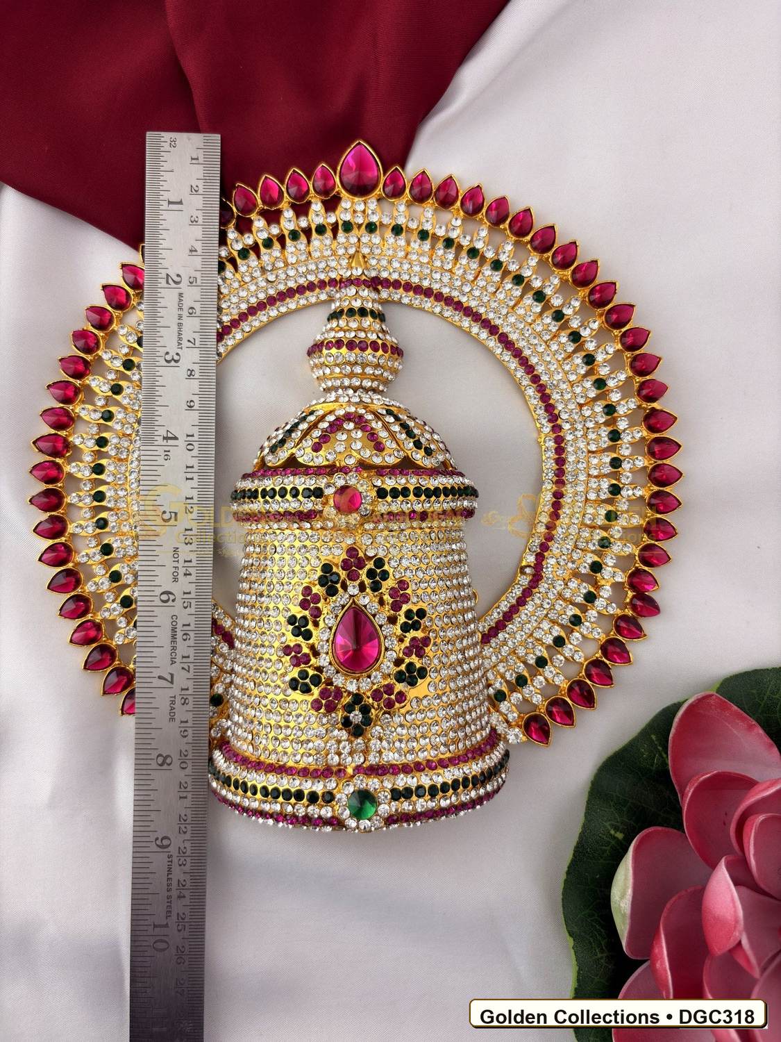 Close-up detail of Deity Full Round Stone Crown Mukut with Pink Green Stones 8.5 x 6 x 3.5 inches DGC318 from Golden Collections