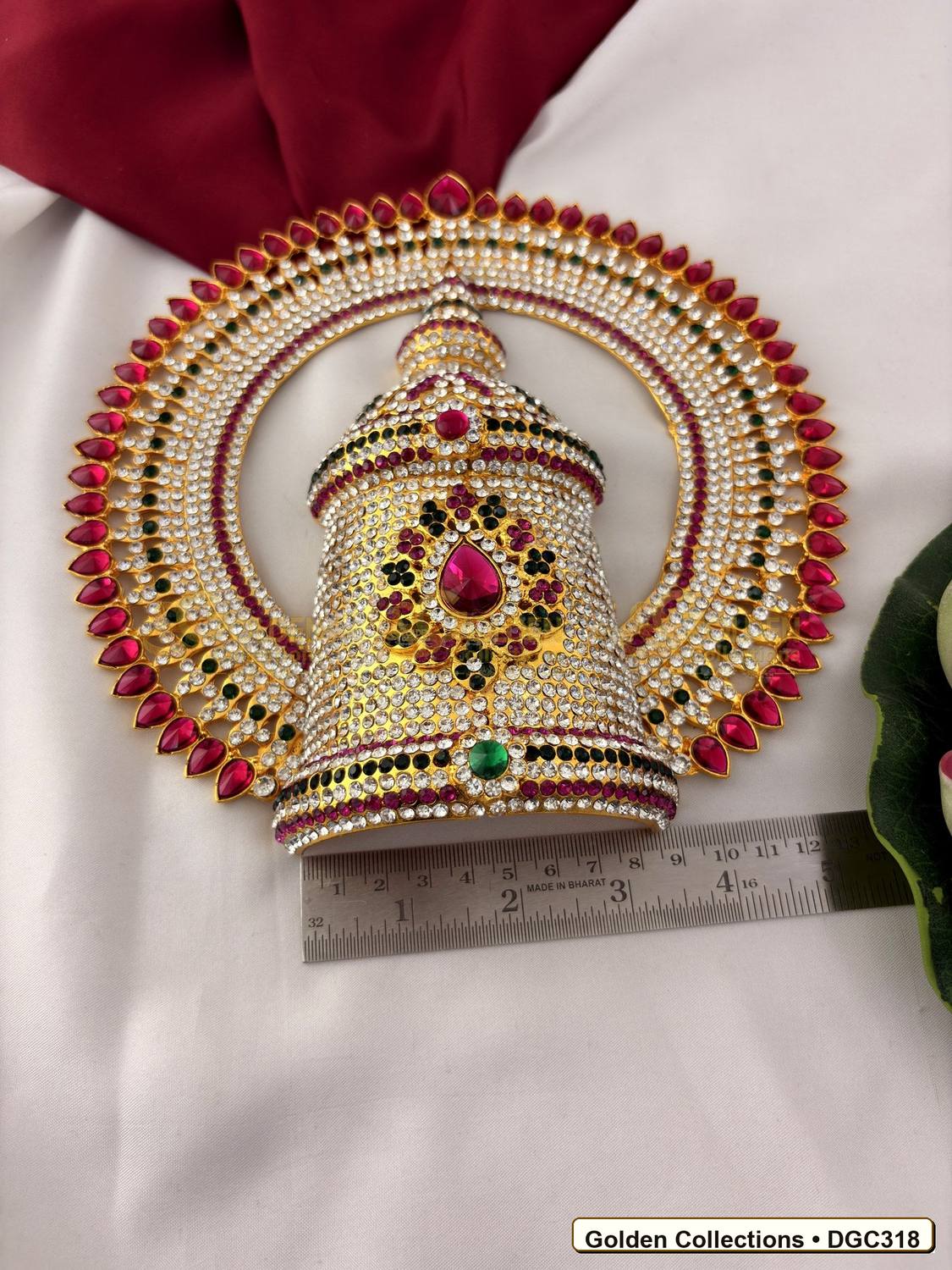 Close-up detail of Deity Full Round Stone Crown Mukut with Pink Green Stones 8.5 x 6 x 3.5 inches DGC318 from Golden Collections