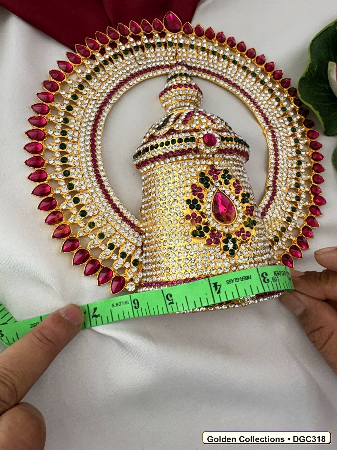 Close-up detail of Deity Full Round Stone Crown Mukut with Pink Green Stones 8.5 x 6 x 3.5 inches DGC318 from Golden Collections