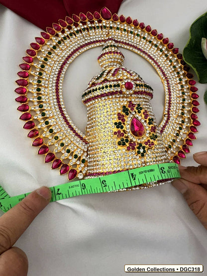 Close-up detail of Deity Full Round Stone Crown Mukut with Pink Green Stones 8.5 x 6 x 3.5 inches DGC318 from Golden Collections