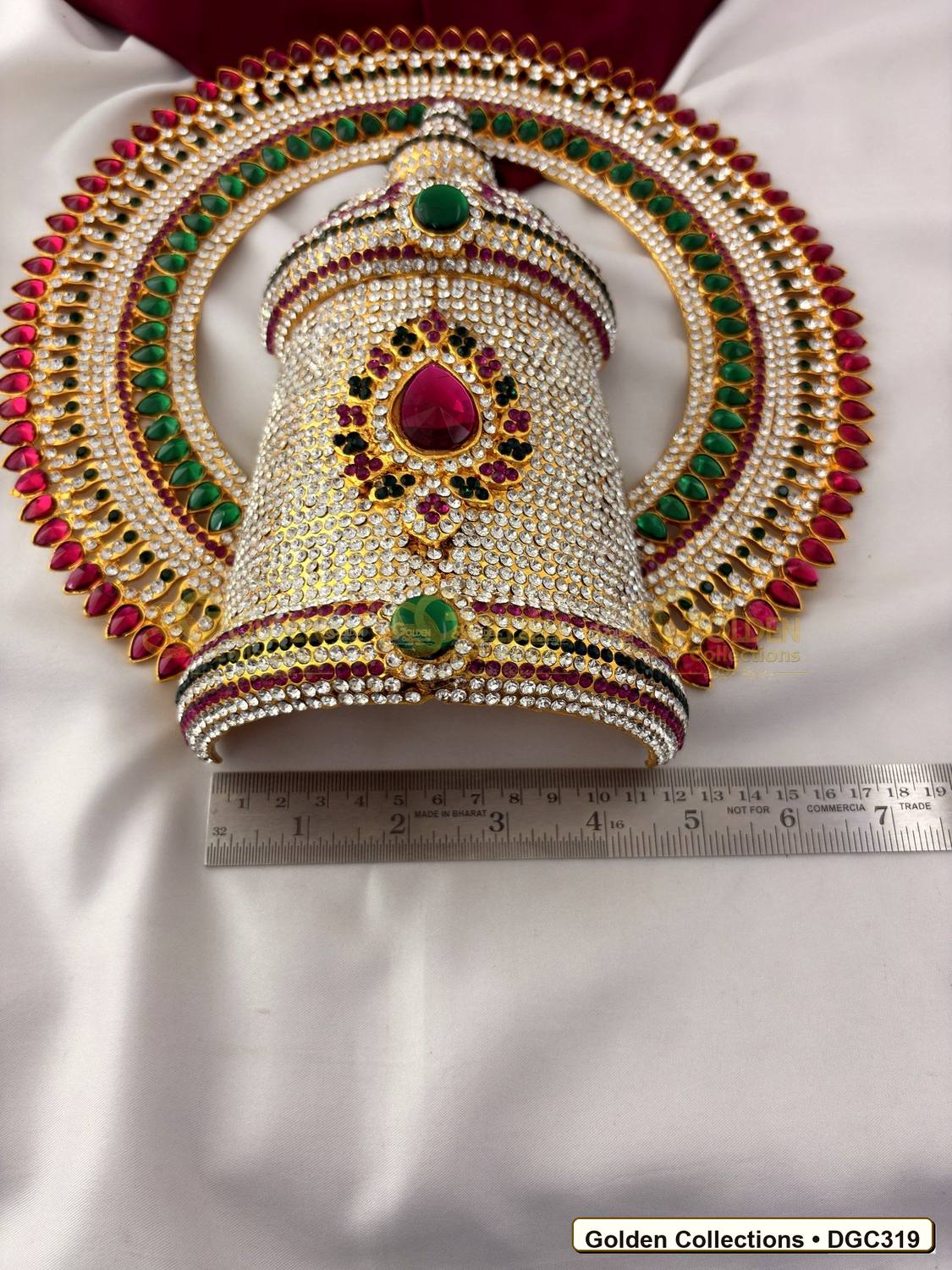 Close-up detail of Deity Full Round Stone Crown Mukut with Pink Green Stones 10 x 7 x 4 inches DGC319 from Golden Collections