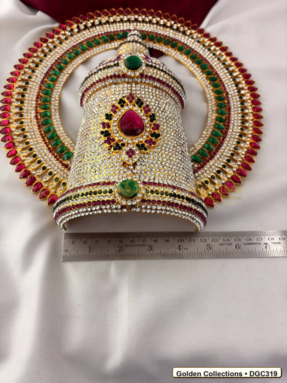 Close-up detail of Deity Full Round Stone Crown Mukut with Pink Green Stones 10 x 7 x 4 inches DGC319 from Golden Collections