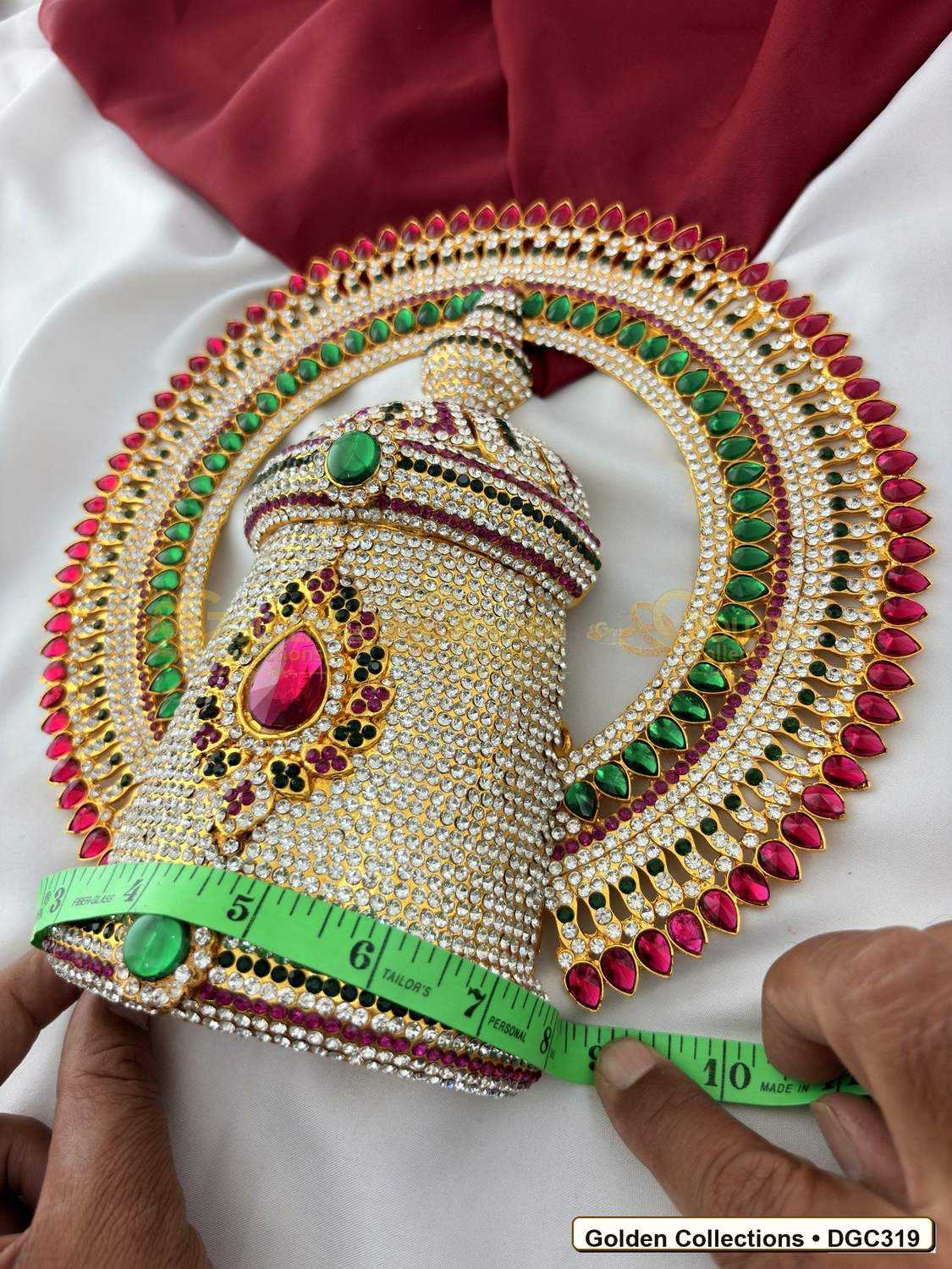 Close-up detail of Deity Full Round Stone Crown Mukut with Pink Green Stones 10 x 7 x 4 inches DGC319 from Golden Collections