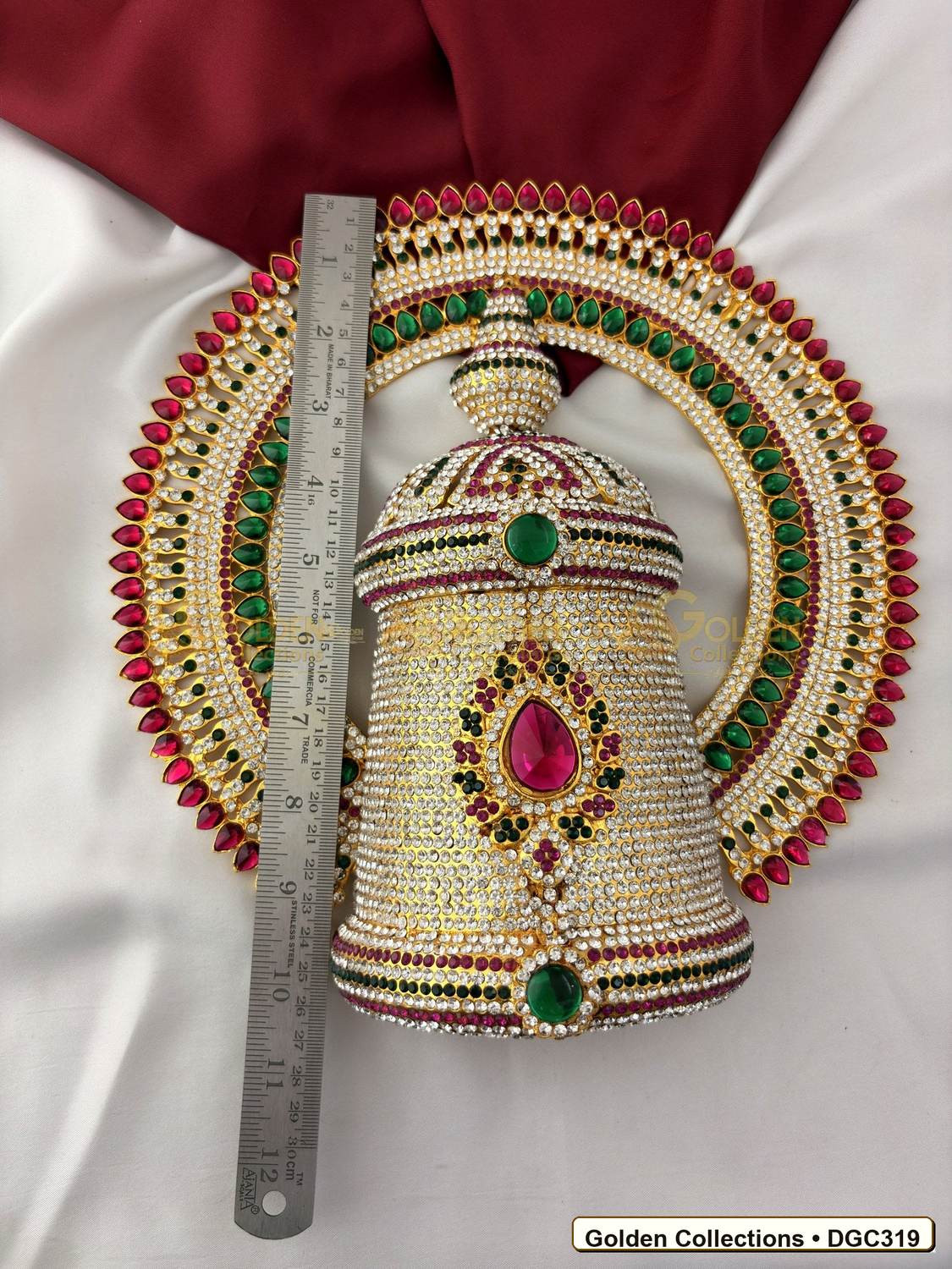 Close-up detail of Deity Full Round Stone Crown Mukut with Pink Green Stones 10 x 7 x 4 inches DGC319 from Golden Collections