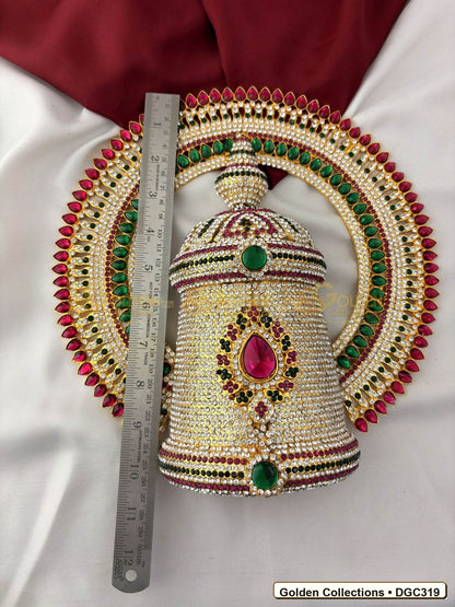 Close-up detail of Deity Full Round Stone Crown Mukut with Pink Green Stones 10 x 7 x 4 inches DGC319 from Golden Collections