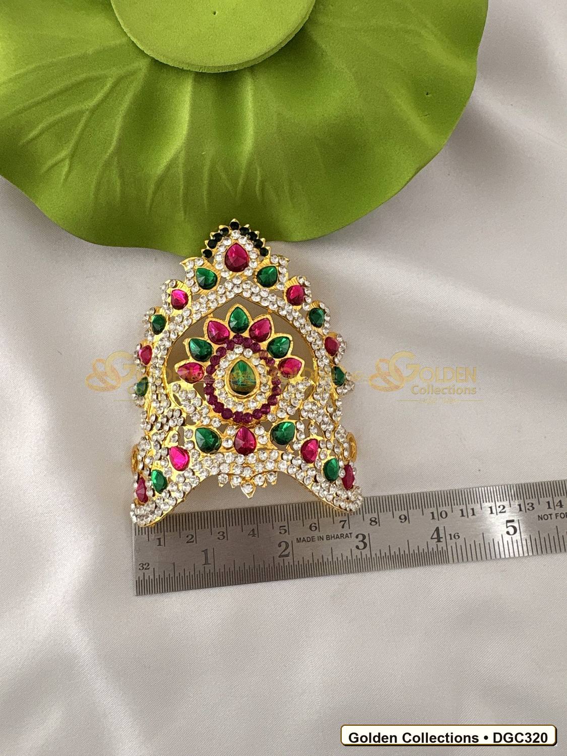 Close-up detail of Small Arch Deity Crown Mukut with Pink Green Stones 3.5 x 4 x 3 inches DGC320 from Golden Collections