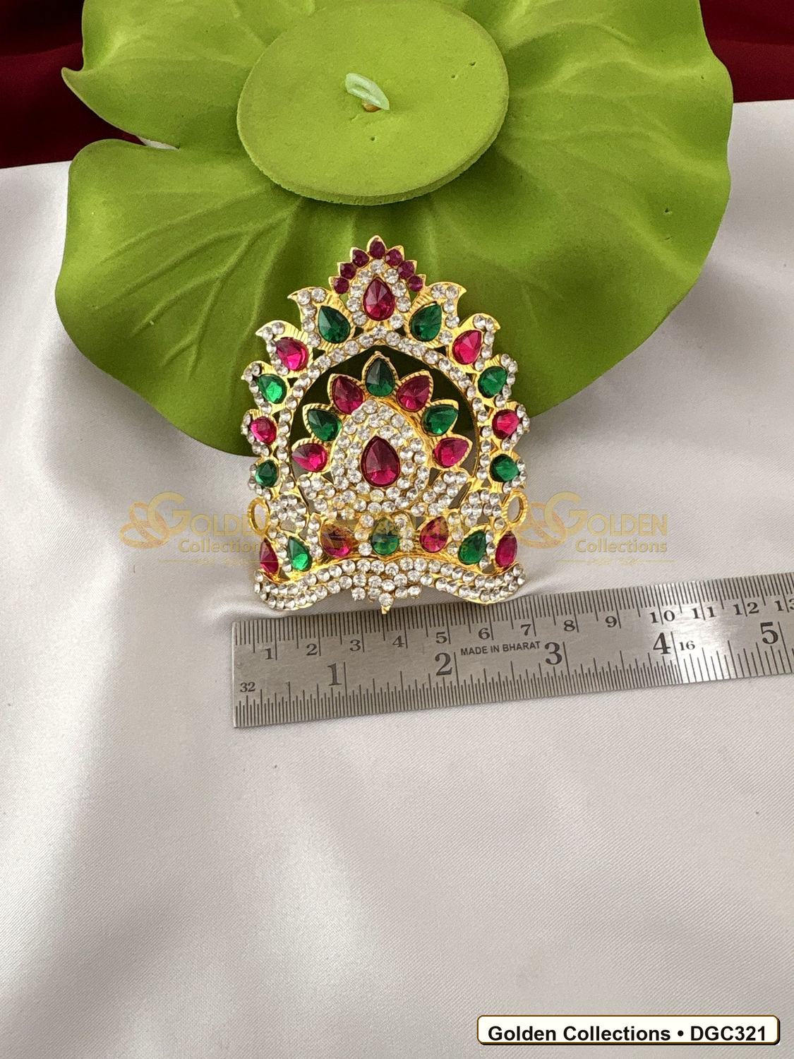 Close-up detail of Small Layered Arch Deity Crown Mukut Pink Green Stones 3 x 3 x 2.5 inches DGC321 from Golden Collections