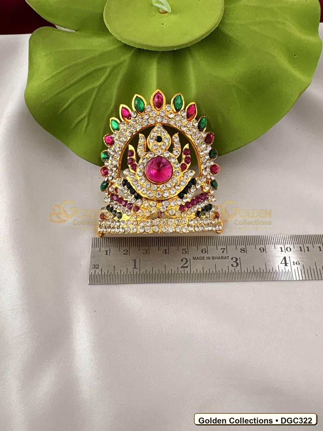 Close-up detail of Small Round Arch Deity Crown Kireedam Pink Green Stones 2.5 x 3.5 x 2.5 inches DGC322 from Golden Collections