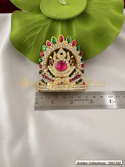 Close-up detail of Small Round Arch Deity Crown Kireedam Pink Green Stones 2.5 x 3.5 x 2.5 inches DGC322 from Golden Collections