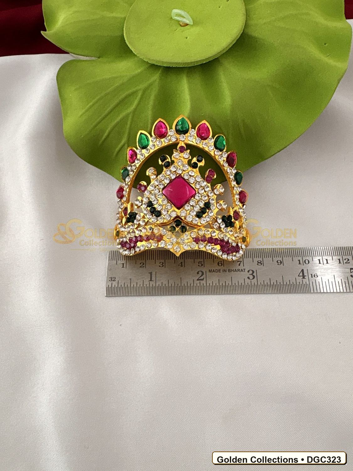 Close-up detail of Small Arch Deity Crown Mukut with Pink Center Stone 2.5 x 3.5 x 2.75 inches DGC323 from Golden Collections
