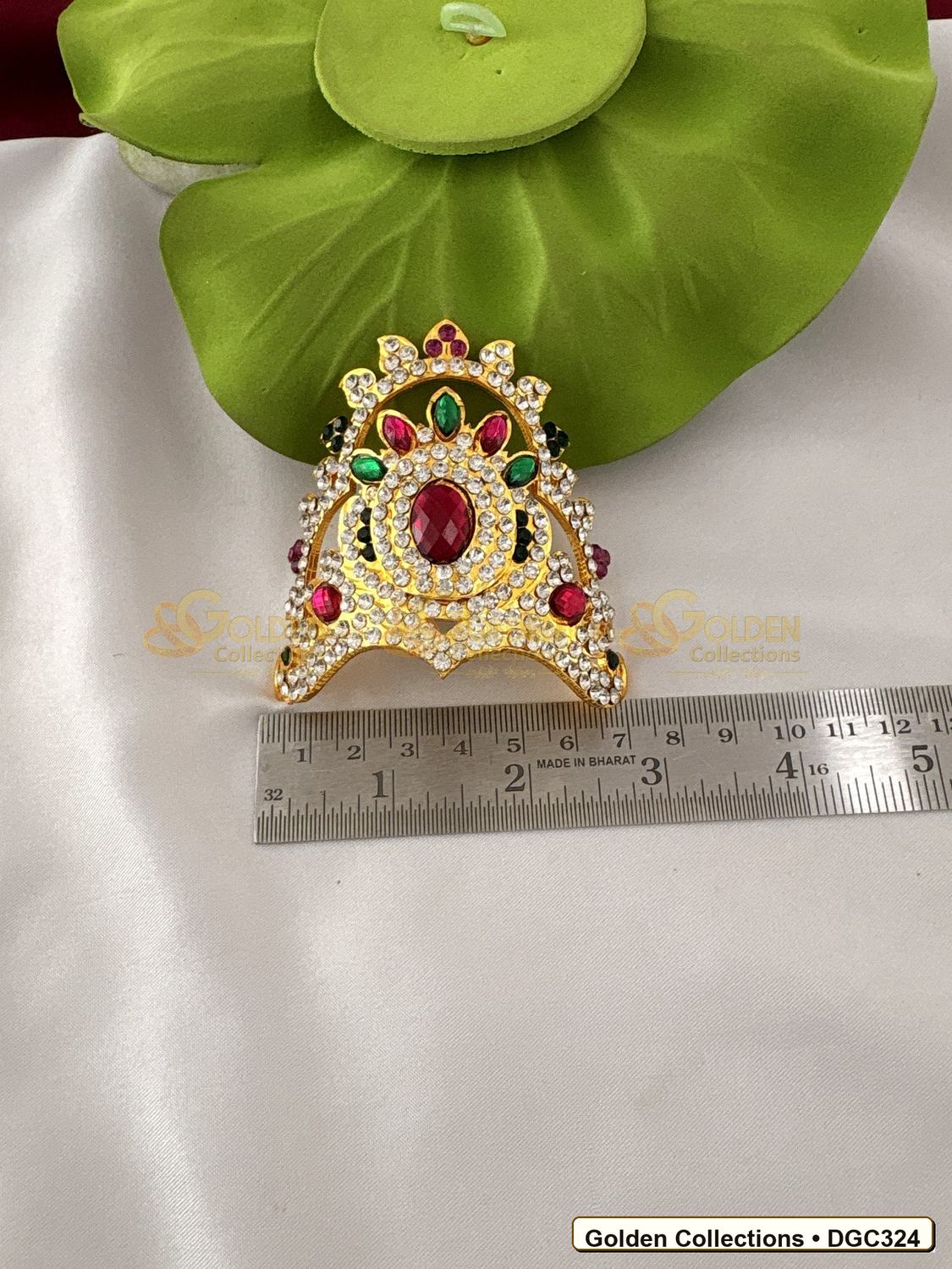 Close-up detail of Small Floral Arch Deity Crown Mukut Pink Green Stones 2.5 x 3.75 x 2.5 inches DGC324 from Golden Collections