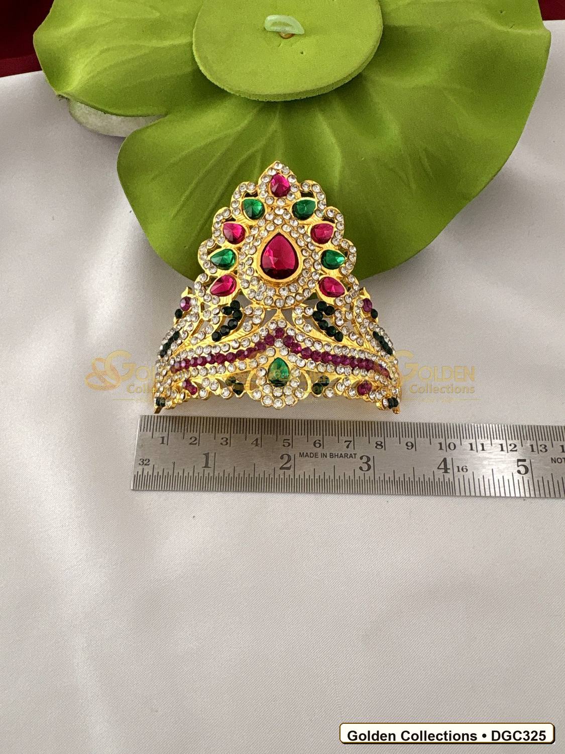 Close-up detail of Small Triangle Deity Crown Kireedam Pink Green Stones 3 x 4.25 x 3 inches DGC325 from Golden Collections