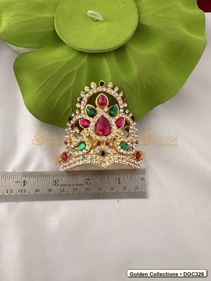 Close-up detail of Small Lotus Arch Deity Crown Mukut Pink Green Stones 2.5 x 4 x 2.5 inches DGC326 from Golden Collections