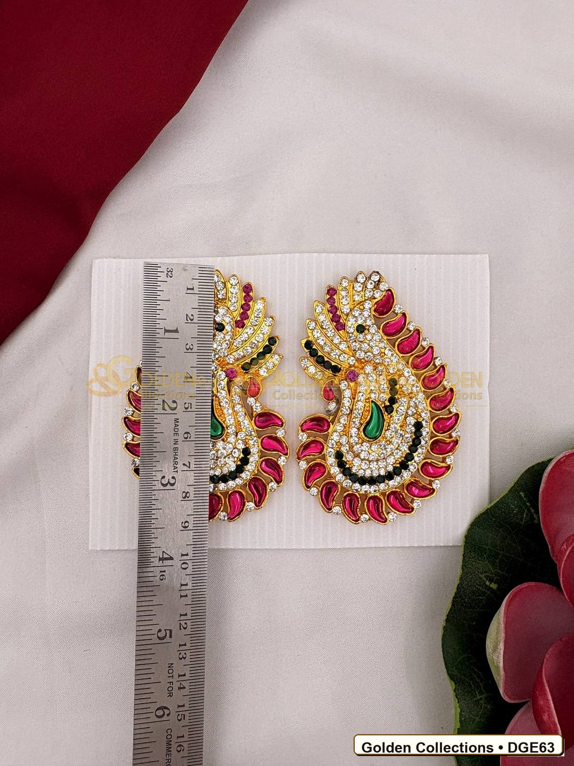 Close-up detail of Karna Pathakam Deity Earrings with Pink Green Stones 3.5 x 2.25 inches DGE63 from Golden Collections