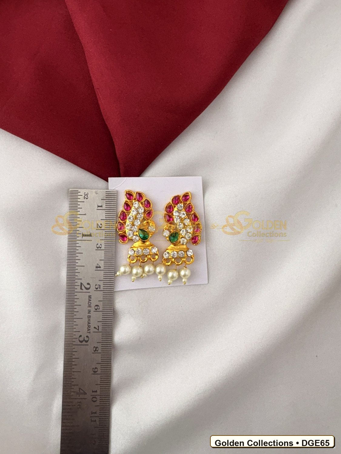 Close-up detail of Karna Pathakam Deity Earrings with Pearl Drops 1.5 x 0.75 inches DGE65 from Golden Collections