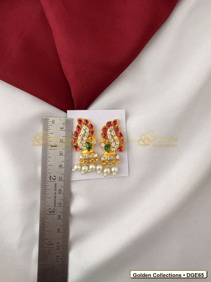 Close-up detail of Karna Pathakam Deity Earrings with Pearl Drops 1.5 x 0.75 inches DGE65 from Golden Collections
