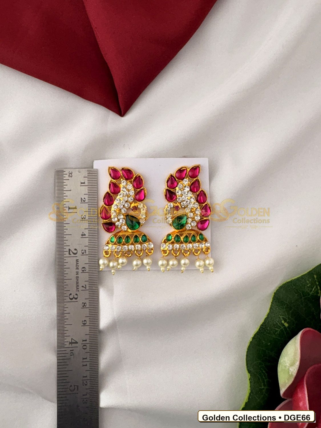 Close-up detail of Karna Pathakam Deity Earrings with Pearl Drops 2.5 x 1 inches DGE66 from Golden Collections
