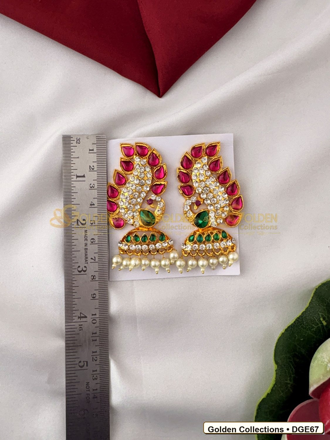 Close-up detail of Karna Pathakam Deity Earrings with Pearl Drops 3 x 1.25 inches DGE67 from Golden Collections