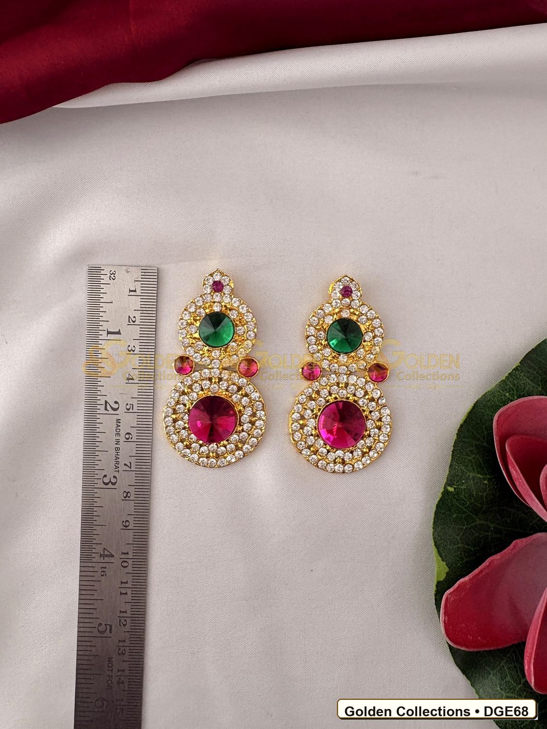Close-up detail of Round Drop Deity Earrings for Idol Alankaram 2.5 x 1.25 inches DGE68 from Golden Collections