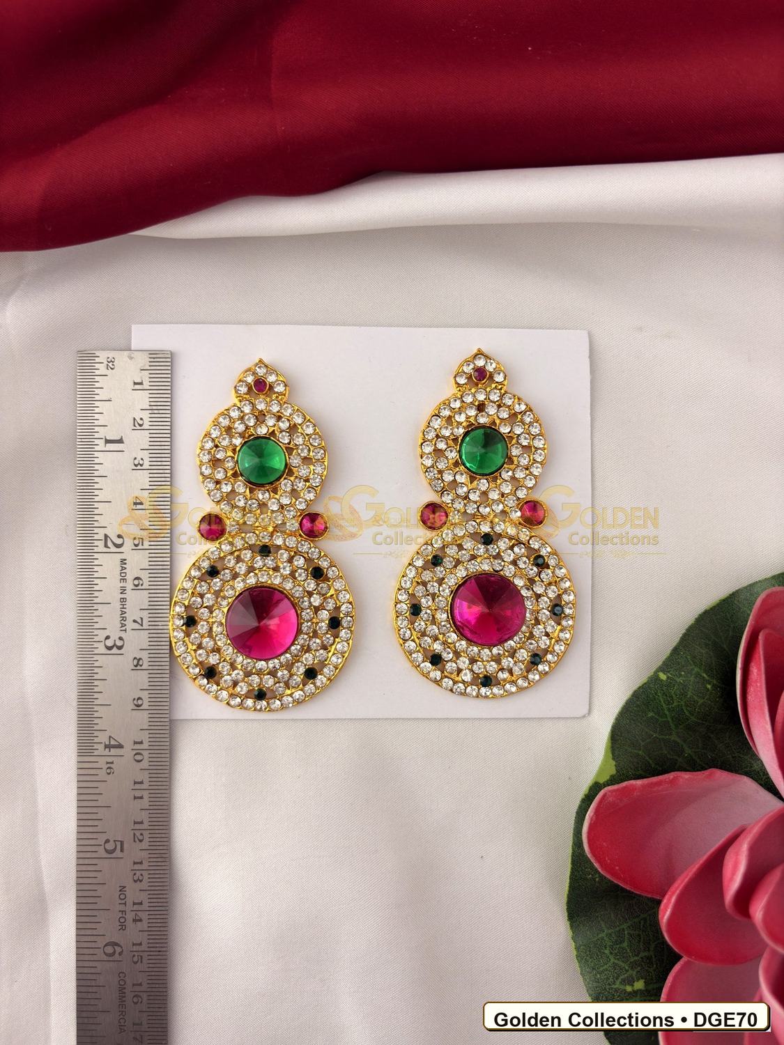 Close-up detail of Round Drop Deity Earrings for Idol Alankaram 3.5 x 2 inches DGE70 from Golden Collections