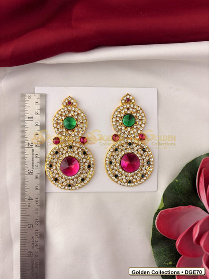 Close-up detail of Round Drop Deity Earrings for Idol Alankaram 3.5 x 2 inches DGE70 from Golden Collections