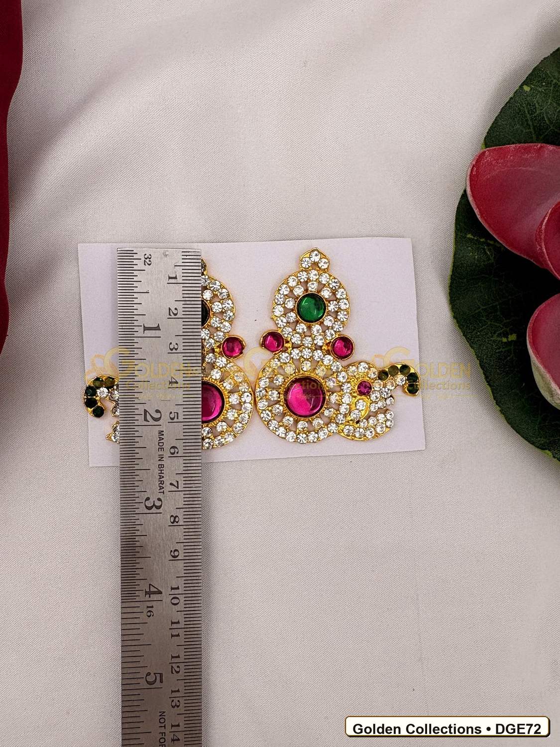 Close-up detail of Ornamental Deity Earrings for Idol Alankaram 2.25 x 2 inches DGE72 from Golden Collections
