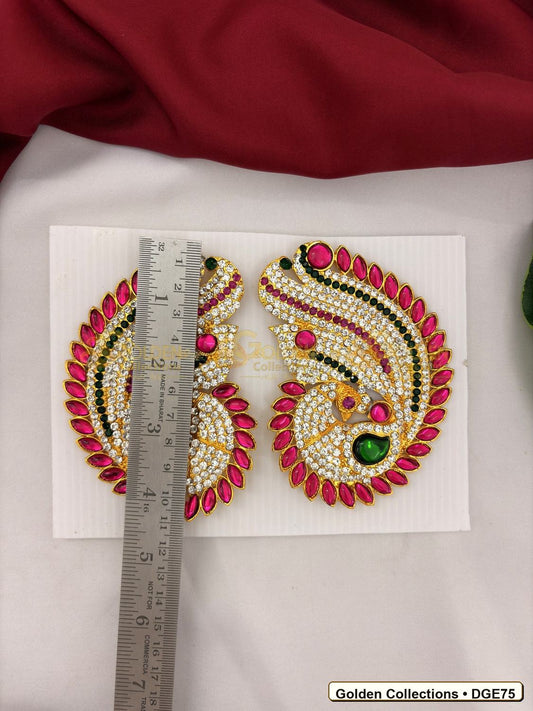 Close-up detail of Large Karna Pathakam Deity Earrings Pink Green Stones 4.5 x 3 inches DGE75 from Golden Collections