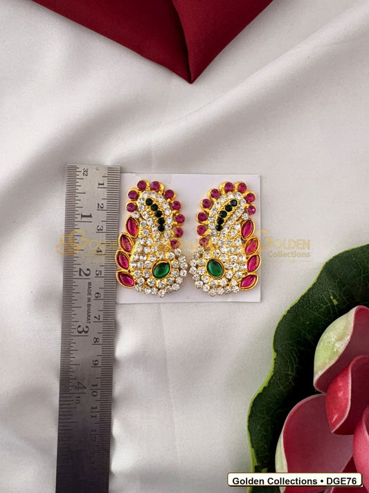 Close-up detail of Small Karna Pathakam Deity Earrings Pink Green Stones 2 x 1 inches DGE76 from Golden Collections