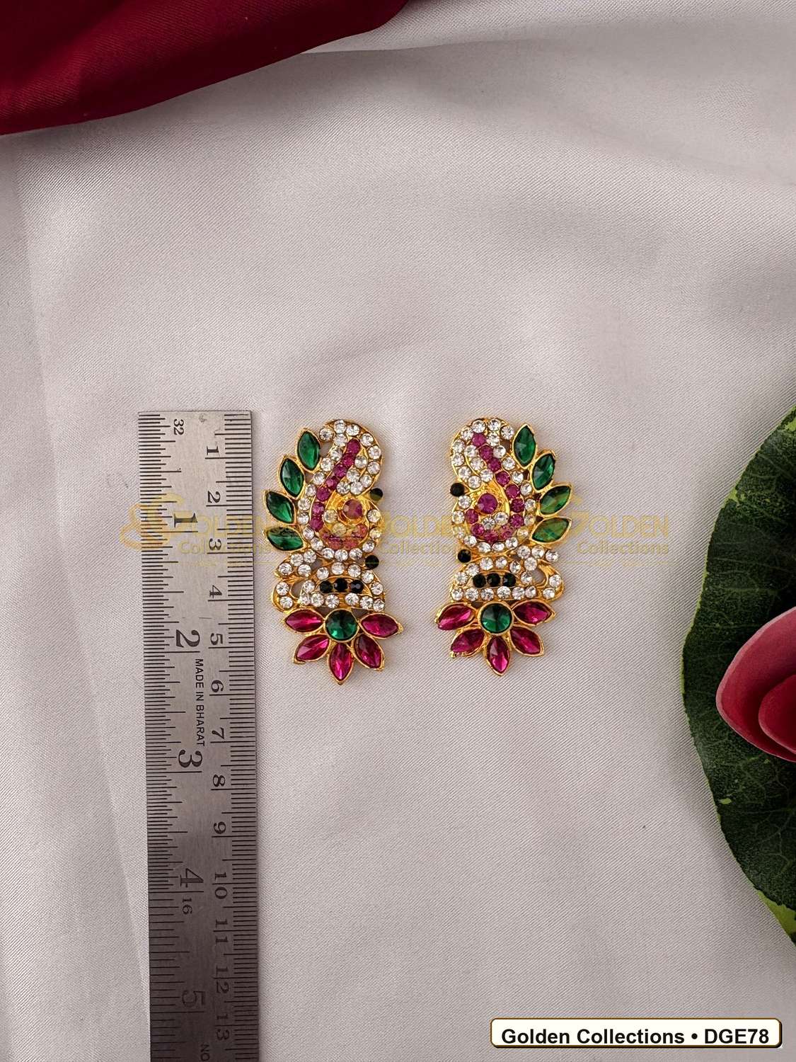 Close-up detail of Small Curved Deity Earrings Green Pink Stones 2 x 1 inches DGE78 from Golden Collections