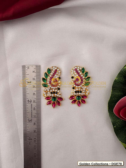 Close-up detail of Small Curved Deity Earrings Green Pink Stones 2 x 1 inches DGE78 from Golden Collections