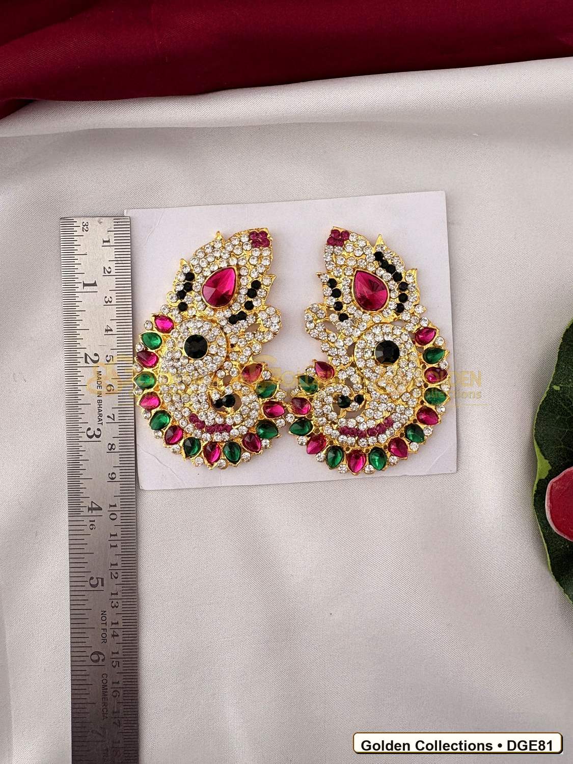 Close-up detail of Ornate Karna Pathakam Deity Earrings Pink Green Stones 3.25 x 2 inches DGE81 from Golden Collections