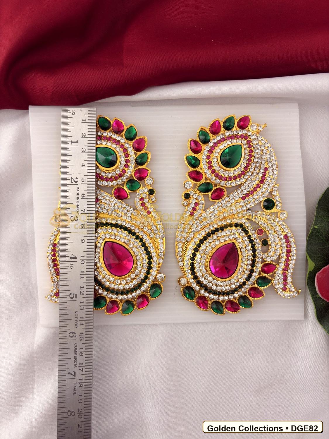 Close-up detail of Large Teardrop Deity Earrings Pink Green Stones 5.5 x 3 inches DGE82 from Golden Collections